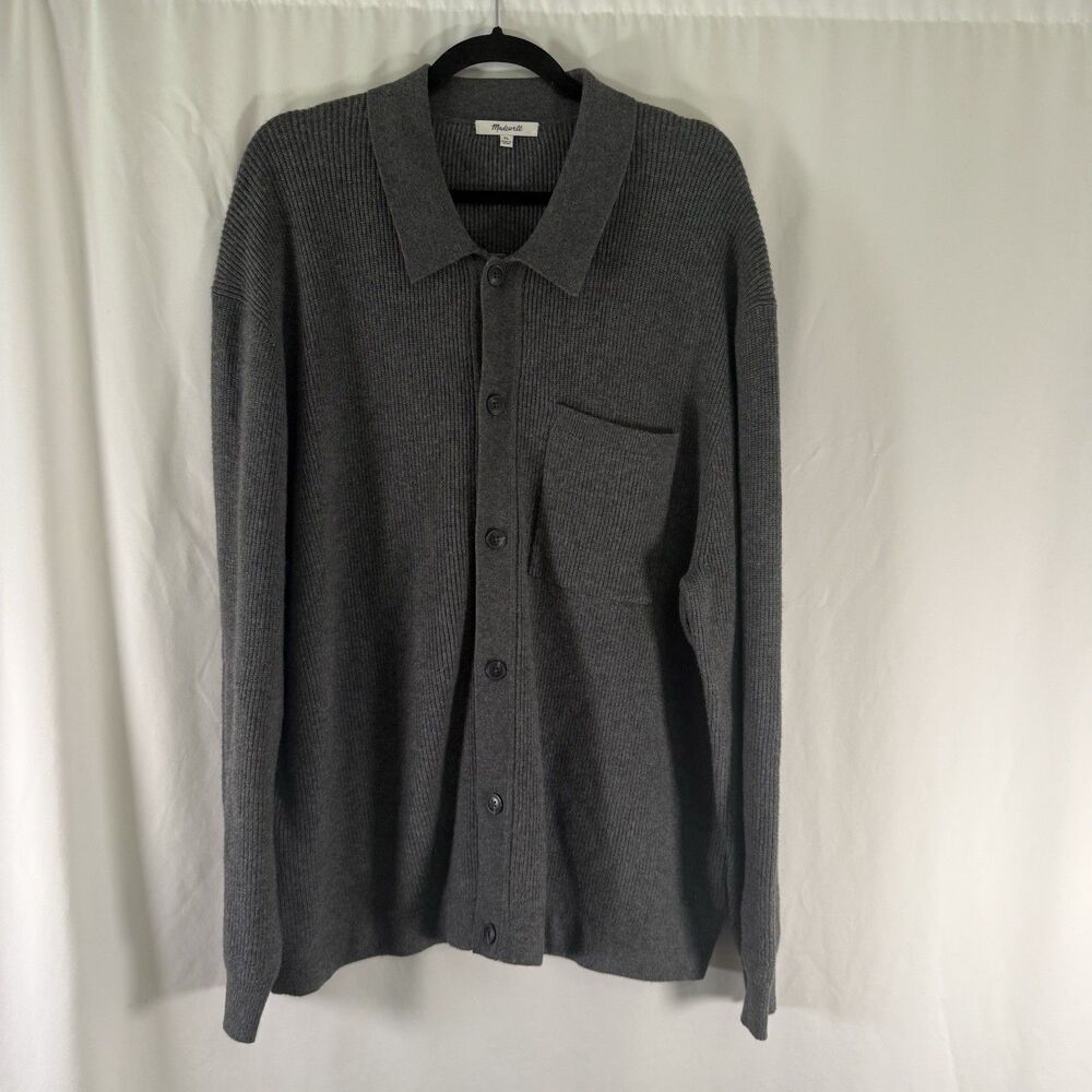 Madewell Cardigan Women's XL Grey Solid Button Front Ribbed Knit Cotton Blend